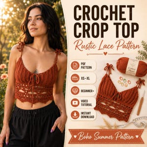 Crochet Crop Top Pattern PDF, Crochet Bralette Pattern, Boho Lace Top, Festival Crochet Top, Video Tutorial, XS-XL, Instant Download