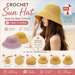 May include: A crochet sun hat tutorial with step-by-step instructions. The image shows a woman wearing a yellow crochet sun hat. The tutorial includes a video and a detailed PDF guide. The hat is light and stylish, perfect for summer.