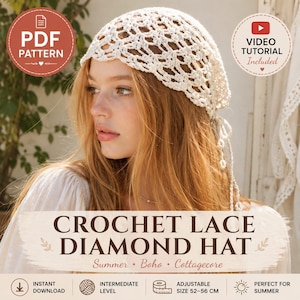 Puede incluir: Un sombrero de encaje de ganchillo color blanco roto con un patrón de diamantes calado y cordones para atar. El texto en la imagen dice: PDF PATTERN, VIDEO TUTORIAL Included, CROCHET LACE DIAMOND HAT, INSTANT DOWNLOAD, INTERMEDIATE LEVEL, ADJUSTABLE SIZE 52-56 CM.