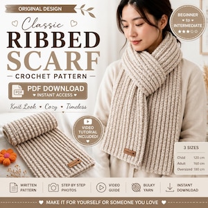 Crochet Scarf Pattern PDF, Ribbed Scarf Crochet Pattern, Knit Look Scarf, Easy Crochet Pattern, Bulky Yarn Winter Scarf Tutorial