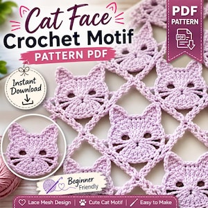 May include: A digital PDF pattern for a crochet cat face motif. The image displays a repeating light purple cat face design connected by a mesh pattern, with text overlays including Cat Face Crochet Motif, PDF Pattern, and Instant Download.