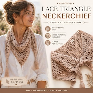 Crochet Neckerchief Pattern PDF, Lace Triangle Scarf Crochet Pattern, Crochet Bandana Pattern, Mesh Neck Scarf Tutorial, Boho Hair Scarf