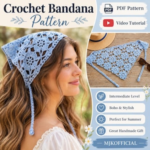 Patrón de pañuelo de ganchillo en PDF, patrón de bufanda para la cabeza de ganchillo, pañuelo cuadrado estilo abuela boho, tutorial de bufanda para el cabello de verano, descarga instantánea.