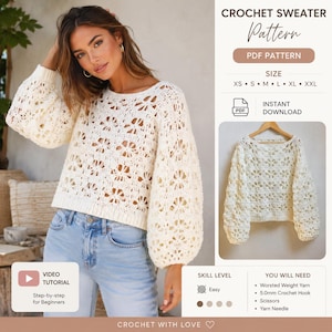 Crochet Floral Lace Sweater Pattern PDF, Boho Crochet Pullover with Video Tutorial, Beginner Friendly Long Sleeve Top, Instant Download