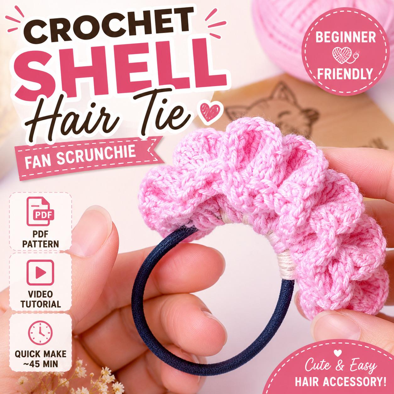 20 Crochet Scrunchies with Cherries, Ruffles, Shells, and Stars 3 Crochet Shell Hair Tie Pattern