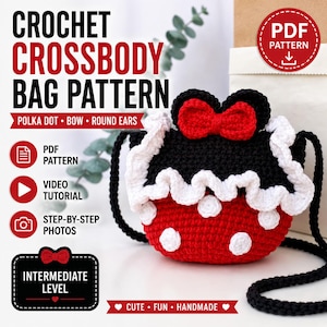 May include: A crochet crossbody bag featuring a red base with white polka dots, a black top flap, a white ruffled trim, and a red bow. The bag includes black round ears and a black strap. Text on the image reads CROCHET CROSSBODY BAG PATTERN.