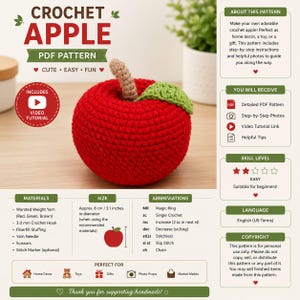 May include: A crochet apple PDF pattern with the text "CROCHET APPLE." The pattern includes a video tutorial. The apple is red with a green leaf and a tan stem. The pattern is easy and suitable for beginners. The apple is approximately 8 cm in diameter.
