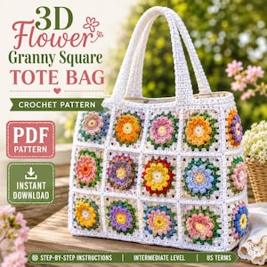 Może przedstawiać: Szydełkowa torba typu tote wykonana z białych kwadratów granny, z których każdy posiada kolorowy kwiat 3D w odcieniach żółci, różu, pomarańczu, fioletu i błękitu. Torba ma dwa białe uchwyty oraz napis 3D Flower Granny Square TOTE BAG.