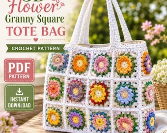 3D Flower Granny Square Tote Bag Pattern PDF & Video Tutorial, Crochet Tote Bag Pattern, Floral Crochet Bag, Crochet Shoulder Bag