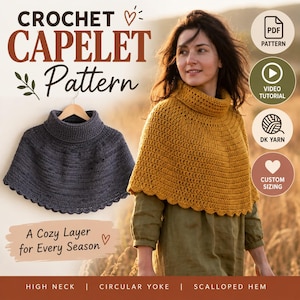 Könnte beinhalten: Ein Häkelanleitung für ein Capelet mit hohem Kragen, runder Passe und gewelltem Saum. Das Bild zeigt ein dunkelgraues Capelet auf einem Kleiderbügel und eine getragene senfgelbe Version, mit Text wie CROCHET CAPELET Pattern und A Cozy Layer for Every Season.