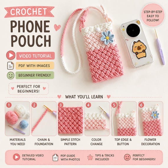 Crochet Phone Bag Pattern PDF, Crochet Phone Pouch Tutorial, Crossbody Phone Case, Beginner Crochet Bag, Cute Floral Phone Holder