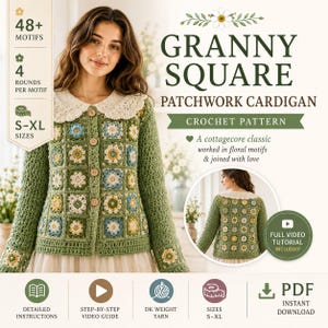 Puede incluir: Un patrón de ganchillo para un cárdigan de patchwork granny square con motivos florales en verde, azul, amarillo y blanco. El diseño incluye un cuello color crema, botones de madera y mangas largas. Texto: Granny Square Patchwork Cardigan.