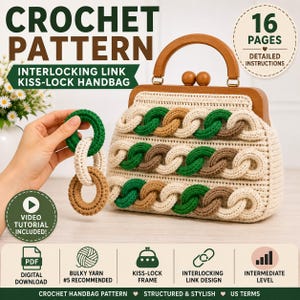 CROCHET PATTERN & VIDEO | Kiss Lock Bag Pattern, Crochet Handbag, Structured Purse Pdf, Chunky Yarn Bag, Interlocking Link Bag Tutorial
