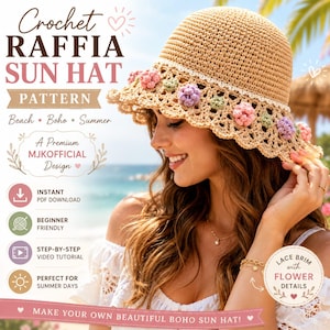 May include: A beige crochet raffia sun hat featuring a scalloped lace brim adorned with small, three-dimensional pink, purple, and green flowers. The hat is displayed with text overlays including Crochet Raffia Sun Hat Pattern and A Premium MJKOFFICIAL Design.