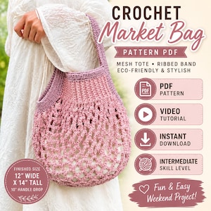 Haakpatroon voor een tas (PDF), haakpatroon voor een boodschappentas, haakpatroon voor een nettas, gehaakte draagtas, zomerse strandtas, video-tutorial downloaden