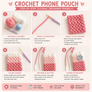 May include: A step-by-step crochet tutorial for a phone pouch. The tutorial includes materials like white, light pink, dark pink, and blue cotton yarn, a 3.0 mm crochet hook, and a yarn needle. The tutorial is beginner-friendly and includes a video and PDF guide.
