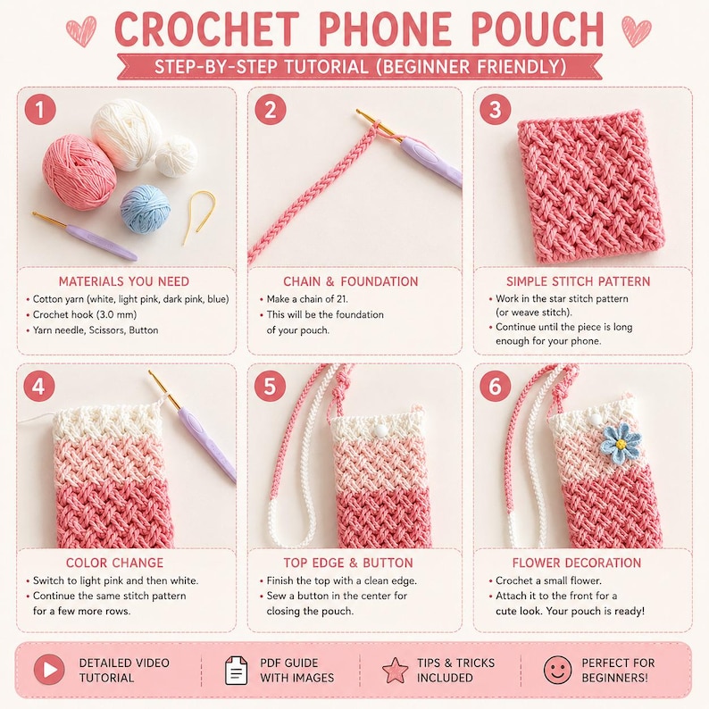 May include: A step-by-step crochet tutorial for a phone pouch. The tutorial includes materials like white, light pink, dark pink, and blue cotton yarn, a 3.0 mm crochet hook, and a yarn needle. The tutorial is beginner-friendly and includes a video and PDF guide.