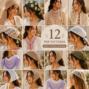 May include: A collection of 12 crochet patterns for headscarves and shawls, featuring various designs including floral motifs, open-knit textures, and gradient colors, with text stating 12 PDF PATTERNS and VIDEO TUTORIAL INCLUDED.