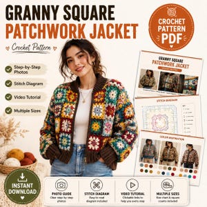 Könnte beinhalten: Eine Häkelanleitung als PDF für eine Granny-Square-Patchworkjacke. Das Dokument enthält Schritt-für-Schritt-Fotos, ein Stichdiagramm, ein Video-Tutorial und mehrere Größen. Die Jacke zeigt bunte quadratische Motive mit braunen Rippbündchen.