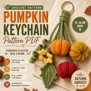Può includere: Un modello all'uncinetto in PDF per un portachiavi a forma di zucca e ciondolo per borsa. Il design presenta un anello in metallo con steli all'uncinetto verdi, un fiore giallo, una foglia verde e tre zucche in arancione, giallo e rosso. Caduta 12-14 cm.