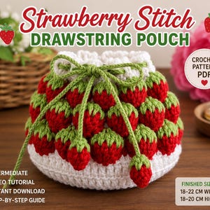 Modello PDF per pochette all'uncinetto, tutorial per borsa con coulisse a punto fragola, modello per borsa all'uncinetto, borsetta a forma di frutta all'uncinetto