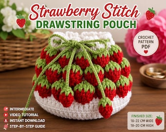 Crochet Pouch Pattern PDF, Strawberry Stitch Drawstring Bag Tutorial, Crochet Bag Pattern, Fruit Crochet Purse