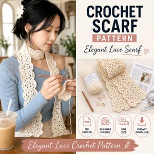 Patrón de bufanda de ganchillo en PDF, bufanda de ganchillo con encaje, patrón de bufanda delgada, ganchillo fácil para principiantes, chal de primavera/verano, videotutorial