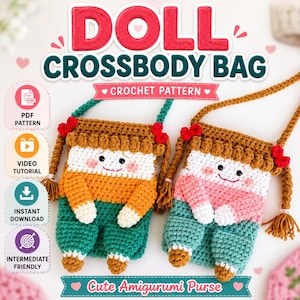 Doll Crossbody Bag Crochet Pattern PDF, Crochet Bag Pattern With Video Tutorial, Amigurumi Purse, Kids Bag DIY Gift