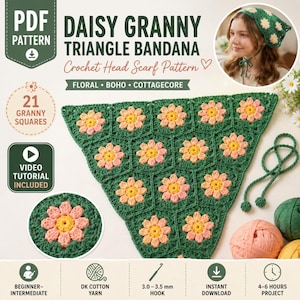 Crochet Bandana Pattern PDF, Granny Square Head Scarf Pattern, Daisy Crochet Headscarf, Boho Hair Scarf, Cottagecore Kerchief Tutorial