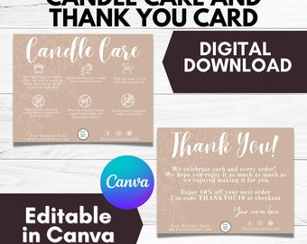 May include: A digital download featuring candle care instructions and a thank you card. The candle care card is beige with white text and illustrations. The thank you card has a floral design and a discount code. The Canva logo is also visible.