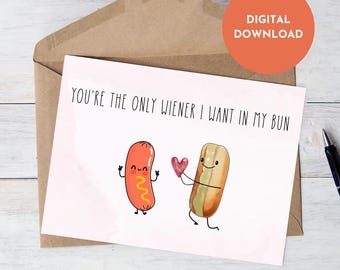 Sei l'unico wurstel per il mio panino, biglietto di San Valentino stampabile per lui, biglietto di anniversario del fidanzato, biglietto di San Valentino per il marito, digitale