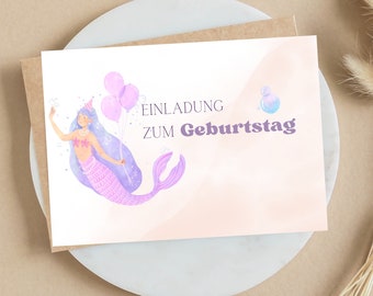 Set of 10 invitation cards mermaid pink, with front and back