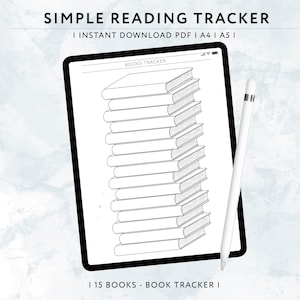 May include: A digital tablet displays a black and white book tracker with a stack of 15 books. The text at the top reads "SIMPLE READING TRACKER" and "BOOKS TRACKER". A white stylus rests on the right side of the tablet. The bottom text reads "I 15 BOOKS - BOOK TRACKER I".
