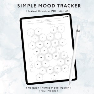 May include: A digital mood tracker displayed on a tablet, featuring a hexagon-themed layout with numbered cells for daily tracking. The design includes the text "SIMPLE MOOD TRACKER" and "I Instant Download PDF I A4 I A5 I". A white stylus rests beside the tablet.