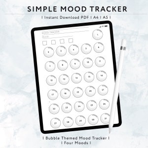 May include: A digital mood tracker displayed on a tablet, accompanied by a white stylus. The tracker has a bubble-themed design with numbered circles for each day. Text at the top reads "SIMPLE MOOD TRACKER".