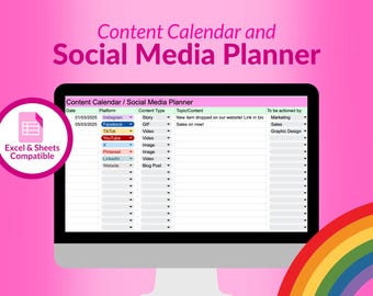 Puede incluir: Una pantalla de ordenador que muestra una plantilla de calendario de contenido y planificador de redes sociales. La plantilla está organizada en columnas para la fecha, la plataforma, el tipo de contenido, el tema/contenido y a quién se le debe asignar. La plantilla es compatible con Excel y Sheets.