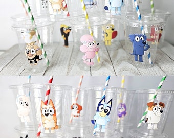 24 Bluey Birthday Party Supplies Straws with 2 PCS Straw Cleaning Brushes  for Blue Dog Themed Birthday Party Supplies 6 Styles,6 Colors 