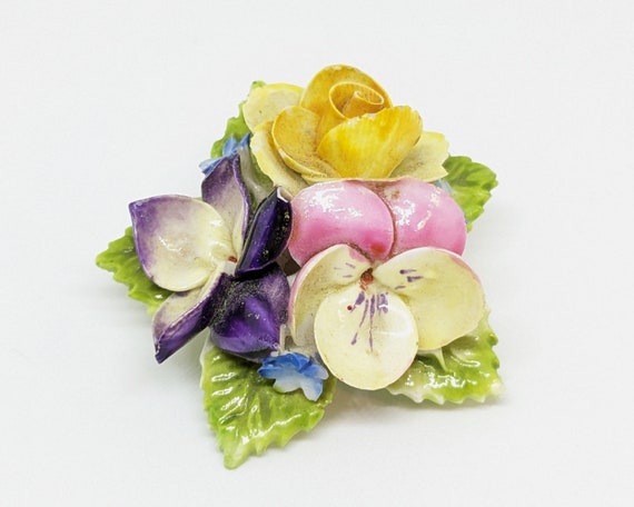 Vintage hand painted Denton china floral brooch, … - image 2