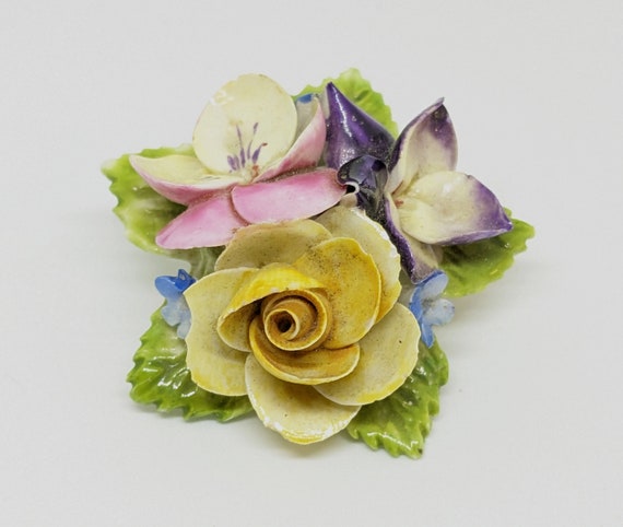 Vintage hand painted Denton china floral brooch, … - image 1
