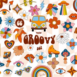 Clipart retrò, fiori alla moda in formato SVG, clipart anni '70, boho alla moda, arte hippie, elementi del logo, PNG individuali, arcobaleno di pace, clipart di buone vibrazioni