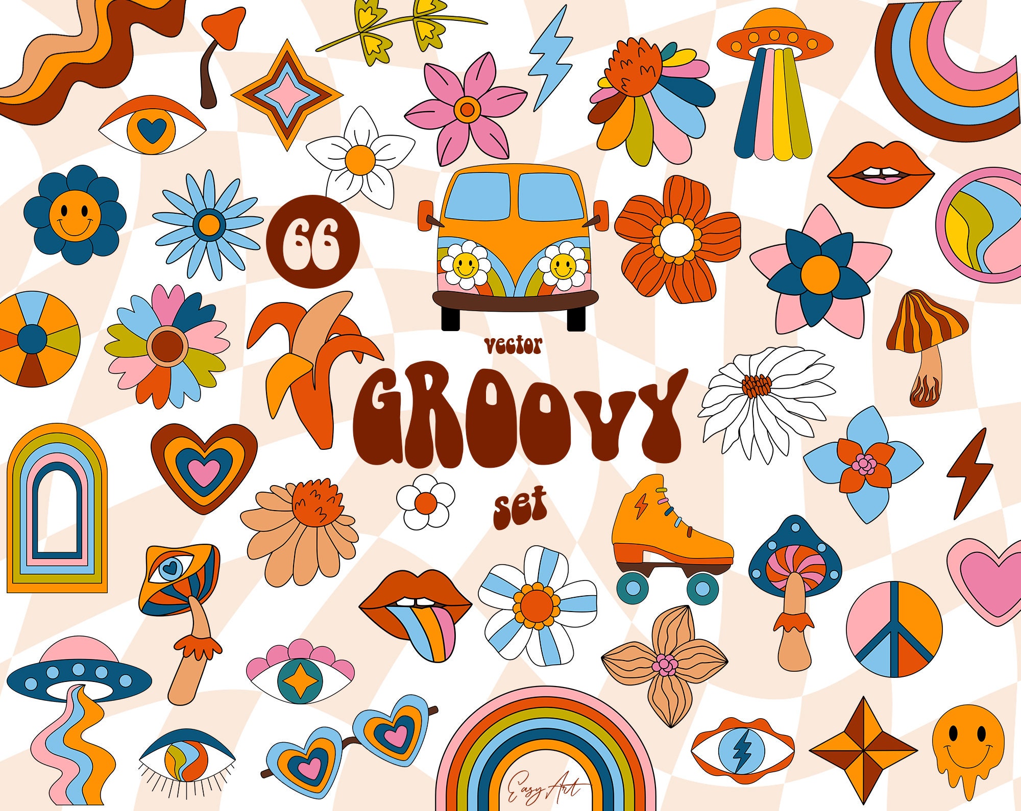 Retro Clipart, Groovy Flowers SVG, 70's Clipart, Groovy Boho, Hippie Art, Logo Elements, Individual PNG, Rainbow Peace, Good Vibes Clip Art