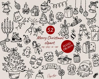 Hand Drawn Christmas Illustration SVG Bundle, Whimsical Winter Icons, Holiday Party Clipart for Invitation