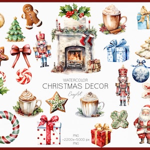 Clipart de decoração de Natal em aquarela, Natal aconchegante PNG, PNG individual, Lareira de inverno, Quebra-nozes em aquarela, Decoração aconchegante de inverno