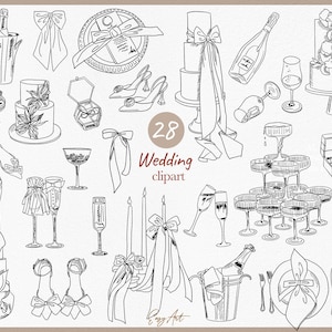 Casamento SVG Clipart, Desenhar ícones à mão, Esboço de convites de casamento, Linha de casamento DIY Clipart, Pacote de vetores, Rabiscos Convites de noiva
