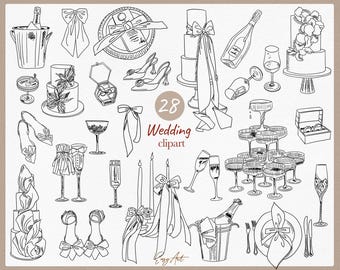 Imágenes prediseñadas SVG para bodas, iconos de arte lineal dibujados a mano (descarga digital)