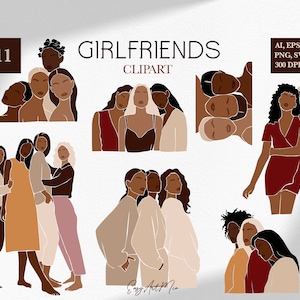Vriendinnen SVG, zwarte meid clipart, abstracte vrouwen SVG, etniciteit poster, vrienden PNG, Afrikaanse vrouwelijke svg, diversiteit vrouwen, commercieel gebruik
