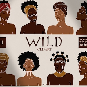 Clipart di donne tribali, SVG di donna selvaggia, SVG di donna africana, Clipart di donna nera, PNG di donna, Afroamericana, PNG di ragazza tribale, Uso commerciale