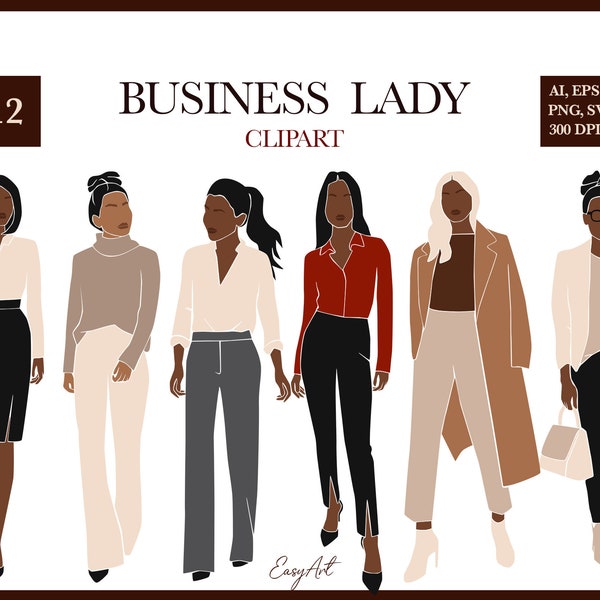 Business Lady SVG, Clipart femme, Lady Boss PNG, Femme abstraite SVG, Femme noire, Femme patron, Clipart mode, Dame en costume, Utilisation commerciale