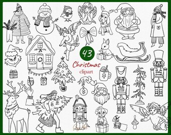 Whimsical Christmas Clipart Bundle, Hand-Drawn Line Art (SVG, PNG)
