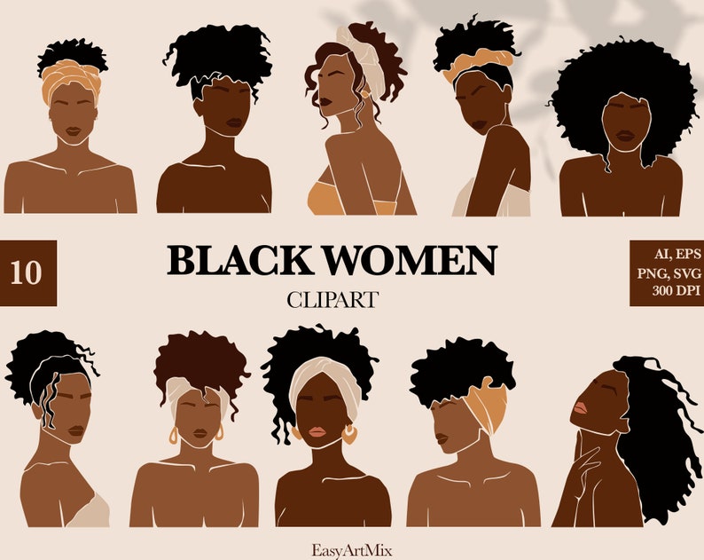 May include: Set of ten digital illustrations of Black women with different hairstyles and head wraps. The illustrations are in a minimalist style with brown skin tones and simple features. The text "BLACK WOMEN CLIPART" is at the bottom of the image.